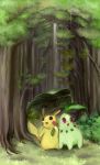  2010 ambiguous_gender brown_eyes chikorita digital_media_(artwork) digital_painting_(artwork) dipstick_ears duo forest ginno_syari green_body holding_object leaf nintendo open_mouth outside pikachu pok&eacute;mon pok&eacute;mon_(species) red_cheeks red_eyes small_tail standing tree video_games yellow_body 