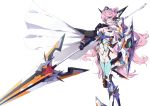  blue_eyes bodysuit breasts cape cleavage commentary_request hair_ornament headgear highres large_breasts long_hair maria_cadenzavna_eve mochi_hanpen navel navel_cutout pink_hair polearm senki_zesshou_symphogear shield solo spear symphogear_pendant thighhighs very_long_hair weapon white_background 