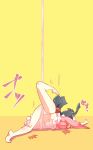  barefoot black_hair blouse blush breasts failure fallen_down highres houraisan_kaguya long_hair lying medium_breasts midriff navel non_(z-art) on_stomach orange_background panties pole_dancing simple_background skirt solo stripper_pole touhou two-tone_background underwear white_panties yellow_background 