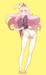  animal_ears ass bangs bare_legs barefoot blazer blunt_bangs blush breasts bunny_ears bunny_tail collared_shirt from_behind highres jacket long_hair looking_at_viewer looking_back medium_breasts non_(z-art) open_mouth panties pink_hair red_eyes reisen_udongein_inaba shirt side-tie_panties simple_background solo standing tail touhou underwear white_panties yellow_background 