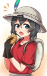  backpack bag black_gloves black_hair blue_eyes chawan_(yultutari) commentary cookie eyebrows_visible_through_hair food gloves hair_between_eyes hat_feather helmet highres holding holding_food japari_bun kaban_(kemono_friends) kemono_friends looking_at_viewer notice_lines open_mouth pith_helmet red_shirt shirt short_hair short_sleeves solo standing upper_body wavy_hair white_background 