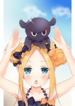  abigail_williams_(fate/grand_order) animal animal_on_head bangs bare_arms bare_shoulders bikini black_bikini black_bow blonde_hair blue_eyes blue_sky blush bow chestnut_mouth cloud collarbone commentary_request day double_bun emerald_float eyebrows_visible_through_hair fate/grand_order fate_(series) hair_bow halter_top halterneck highres kokuto_(kurousagi1210) long_hair octopus on_head orange_bow parted_bangs parted_lips polka_dot polka_dot_bow side_bun sidelocks sky solo swimsuit tokitarou_(fate/grand_order) 