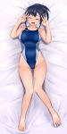  :d ass_visible_through_thighs bad_id bad_pixiv_id barefoot bed_sheet black_hair blue_swimsuit blush breasts closed_eyes collarbone competition_swimsuit dakimakura double_v facing_viewer hands_up high_ponytail highleg highleg_swimsuit highres lying medium_breasts ocha_(greentea-time) on_back one-piece_swimsuit open_mouth original ponytail shiny shiny_skin sidelocks smile solo swimsuit v 