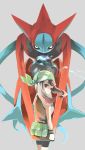  2017 ambiguous_gender bag bandanna brown_eyes brown_hair clothed clothing deoxys deoxys_(attack_form) digital_media_(artwork) digital_painting_(artwork) duo energy female gloves grey_background hair human kan_meow legendary_pok&eacute;mon looking_at_viewer looking_back mammal may_(pok&eacute;mon) nintendo not_furry pok&eacute;mon pok&eacute;mon_(species) red_body simple_background video_games 