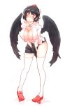 between_legs bird_wings black_hair blush breasts cleavage collared_shirt full_body geta hand_between_legs hat highres large_breasts looking_at_viewer neck_ribbon non_(z-art) open_clothes open_mouth open_shirt partially_unbuttoned pom_pom_(clothes) red_eyes ribbon shameimaru_aya shirt short_hair simple_background skindentation skirt solo standing tengu-geta thighhighs thighs tokin_hat touhou white_background white_legwear wings zettai_ryouiki 