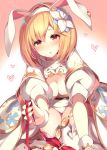  animal_ears bangs blonde_hair blush breasts brown_eyes bunny_ears cape cleavage commentary_request djeeta_(granblue_fantasy) flower granblue_fantasy hair_flower hair_ornament hairband heart highres homaderi leotard looking_at_viewer medium_breasts open_mouth parted_lips red_ribbon ribbon sage_(granblue_fantasy) short_hair solo thighhighs white_leotard wrist_cuffs 
