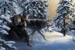  2018 5_fingers arrow bow canine clothed clothing day detailed_background digital_media_(artwork) elf fur grey_fur holding_object holding_weapon humanoid mammal outside paws sky snow turnipberry weapon wolf yellow_eyes 