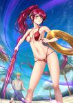  1girl adsouto artist_name ass_visible_through_thighs bangs bare_shoulders beach bikini blonde_hair blush breasts cameltoe covered_nipples day earrings floating_hair from_below green_eyes grin groin headpiece high_ponytail highres holding holding_sword holding_weapon jaune_arc jewelry long_hair milo_and_akouo navel outdoors palm_tree pyrrha_nikos red_bikini red_hair rwby sideboob smile solo_focus standing swept_bangs swimsuit sword tree very_long_hair weapon 