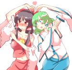 black_hair blue_eyes blush bow brown_eyes collarbone detached_sleeves frog_hair_ornament green_hair hair_bow hair_ornament hair_tubes hakurei_reimu heart heart_arms kochiya_sanae looking_at_another looking_away midriff multiple_girls non_(z-art) open_mouth red_ribbon ribbon ribbon-trimmed_sleeves ribbon_trim snake_hair_ornament touhou upper_body white_background wide_sleeves 