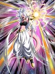  :o absurdres android_21 black_footwear black_sleeves black_tubetop blue_eyes boots breasts commentary_request curly_hair dbkenkyuusei detached_sleeves dragon_ball dragon_ball_fighterz dragon_ball_z_dokkan_battle earrings energy_ball floating harem_pants highres hoop_earrings jewelry long_hair majin_android_21 medium_breasts midriff navel pants pink_skin pointy_ears solo strapless tail tubetop white_hair white_pants 