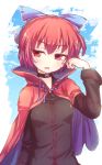  black_shirt blue_bow bow cape collar dress_shirt eyebrows_visible_through_hair hair_between_eyes hair_bow hair_twirling head_tilt isu_(is88) open_mouth red_cape red_eyes red_hair sekibanki shiny shiny_hair shirt short_hair solo touhou upper_body white_background 