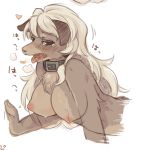  anthro black_collar blonde_hair bouncing_breasts breasts canine collar female hair half-closed_eyes japanese_text kemono mammal nipples open_mouth panting rmtwo saliva simple_background solo text tongue tongue_out white_background 