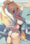  adjusting_hair ass backless_outfit beach bespectacled black-framed_eyewear blonde_hair blue_eyes breasts collarbone commentary_request competition_swimsuit day fate/grand_order fate_(series) glasses jacket jeanne_d'arc_(fate)_(all) jeanne_d'arc_(swimsuit_archer) large_breasts light_rays long_hair long_sleeves looking_at_viewer ocean one-piece_swimsuit open_clothes open_jacket outdoors ponytail rotix smile solo standing swimsuit twisted_torso very_long_hair wading whistle whistle_around_neck white_jacket white_swimsuit 