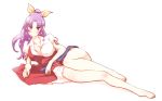  bangs barefoot blush bow breasts cleavage collared_shirt covered_nipples full_body hair_bow large_breasts legs_together long_hair looking_at_viewer lying non_(z-art) on_side parted_bangs ponytail purple_hair red_eyes shirt short_sleeves simple_background solo touhou watatsuki_no_yorihime white_background 