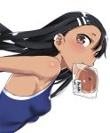  774_(nanashi) black_hair breasts brown_eyes commentary_request dark_skin ear_clip food_in_mouth hair_ornament hairclip ijiranaide_nagatoro-san long_hair looking_at_viewer mouth_hold nagatoro one-piece_swimsuit school_swimsuit simple_background small_breasts solo swimsuit upper_body white_background 