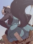  2018 anthro big_butt black_fur breasts butt city claws clothed clothing destruction female fur green_eyes grin hair ldr lily_vommet looking_back macro mammal overalls sitting skunk smile solo white_fur white_hair 