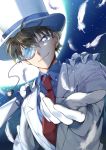  blue_eyes blue_shirt brown_hair cape dreaming182 formal hat highres jacket kaitou_kid looking_at_viewer magic_kaito male_focus monocle necktie outstretched_arm red_neckwear shirt smile solo upper_body white_cape white_feathers white_hat white_jacket 