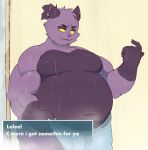  anthro bulge cat dialogue ear_piercing ecaflip english_text eroborus feline leliel male mammal navel overweight piercing solo suggestive text wet yellow_eyes 