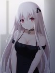  bangs bare_shoulders black_choker black_dress blurry blurry_background breasts choker cleavage closed_mouth cross_choker dark dress girls_frontline hair_between_eyes hair_ornament hair_ribbon highres indoors iron_cross jewelry kar98k_(girls_frontline) keenh long_hair looking_at_viewer pendant red_eyes ribbon shiny shiny_skin signature silver_hair sleeveless sleeveless_dress solo standing sunlight upper_body very_long_hair window 