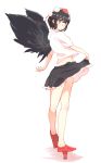  bird_wings black_hair blush collared_shirt full_body geta hat highres looking_at_viewer midriff miniskirt navel non_(z-art) open_mouth panties pantyshot pantyshot_(standing) pom_pom_(clothes) red_eyes shameimaru_aya shirt short_hair simple_background skirt skirt_hold solo standing tengu-geta tokin_hat touhou underwear white_background white_panties wings 