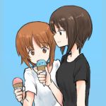  black_shirt blue_background brown_eyes brown_hair casual closed_mouth eyebrows_visible_through_hair food from_side girls_und_panzer ice_cream light_smile looking_at_another multiple_girls mutsu_(layergreen) nishizumi_maho nishizumi_miho shirt short_hair siblings simple_background sisters smile t-shirt upper_body white_shirt 