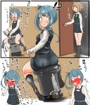  ass black_legwear blush bow bowtie breasts brown_hair caught check_translation closed_mouth comic commentary dress eyebrows_visible_through_hair green_bow grey_hair highres kantai_collection kasumi_(kantai_collection) kneehighs long_hair long_sleeves looking_at_another looking_at_viewer michishio_(kantai_collection) multiple_girls open_mouth panties pantyshot remodel_(kantai_collection) rensouhou-chan riding school_uniform shirt small_breasts smile striped striped_panties tama_(seiga46239239) translation_request turret underwear white_shirt yellow_eyes 