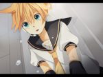  bass_clef black_border blonde_hair blue_eyes border crying crying_with_eyes_open detached_sleeves expressionless from_below headset kagamine_len kneeling letterboxed looking_down male_focus necktie open_mouth puffy_sleeves sailor_collar shirt short_hair solo tama_(songe) tears vocaloid wall white_shirt yellow_neckwear 
