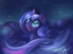  2018 big_eyes blue_feathers blue_hair chibi cloud crown equine feathered_wings feathers female feral friendship_is_magic hair horn looking_up mammal my_little_pony night nude oofycolorful open_mouth portrait princess_luna_(mlp) royalty simple_background sky small_wings solo teal_background teal_eyes teeth tongue winged_unicorn wings 