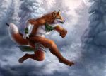  5_fingers anthro barefoot black_lips black_nose canine day digital_media_(artwork) digitigrade fox fur green_eyes holding_object holding_weapon male mammal orange_fur outside snow solo weapon wolnir 