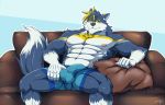  abs agonylight anthro beach bed biceps big_muscles black_fur bulge canine cellphone claws clothed clothing fur hi_res kemono looking_at_viewer male mammal muscular muscular_male necktie outside pants pecs penis_outline phone seaside sitting smile snowjune solo topless white_fur wolf yellow_eyes 