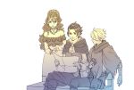  apple bracelet brown_hair chair cyrus_(octopath_traveler) dancer food fruit jewelry long_hair mella necklace octopath_traveler open_mouth partially_colored ponytail primrose_azelhart short_hair simple_background smile therion_(octopath_traveler) 