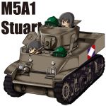  black_eyes black_hair caterpillar_tracks chibi commentary_request english glasses ground_vehicle head long_hair m5_stuart military military_vehicle motor_vehicle multiple_girls original peeking_out shoroku_(morosix) short_twintails simple_background tank twintails white_background 