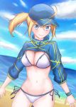  absurdres admjgdme ahoge artoria_pendragon_(all) baseball_cap beach bikini blonde_hair blue_eyes blue_hat blue_jacket breasts cowboy_shot cropped_jacket day fate/grand_order fate_(series) hair_between_eyes hair_through_headwear hat highres jacket long_hair long_sleeves looking_at_viewer medium_breasts mysterious_heroine_xx_(foreigner) navel outdoors ponytail popped_collar shrug_(clothing) side-tie_bikini sky smile solo stomach sweatband swimsuit thigh_strap white_bikini zipper 