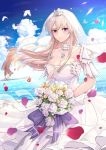  azur_lane bare_shoulders bird bouquet breasts bridal_veil cleavage commentary crown dress enterprise_(azur_lane) flower highres large_breasts long_hair looking_at_viewer purple_eyes sleeveless solo soyubee veil wedding_dress white_hair 