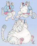  &lt;3 2017 4_fingers absurd_res anthro belly big_belly blue_eyes blush bulge burger claws clothed clothing digital_drawing_(artwork) digital_media_(artwork) doughnut drinking eating eyes_closed feline food fur hi_res hindpaw male mammal milk multicolored_fur necktie nude obese overweight pawpads paws pink_nose pink_pawpads pink_underwear plein raccoonkind sequence simple_background solo stripes tiger two_tone_fur underwear white_fur white_tiger 