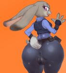  2018 anthro belt big_butt butt camel_toe clothed clothing dipstick_ears disney ears_down female hand_on_hip hoihoi huge_butt judy_hopps lagomorph looking_at_viewer looking_back mammal open_mouth open_smile pawtsun rabbit rear_view simple_background smile solo tight_clothing uniform white_background wide_hips zootopia 