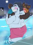  anthro big_muscles blush butt canine caprine carrying clothed clothing dog duo embarrassed eyewear floppy_ears glasses goat grope heagis_(character) hi_res lonliestbara_(artist) looking_at_viewer male mammal muscular muscular_male sabir_(character) shiba_inu swimming_pool swimming_trunks swimsuit topless water 