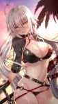  ahoge bangs bikini black_bikini black_gloves black_jacket blush breasts brown_eyes cleavage commentary dutch_angle eyebrows_visible_through_hair fate/grand_order fate_(series) gloves hair_between_eyes head_tilt highres horizon jacket jeanne_d'arc_(alter_swimsuit_berserker) jeanne_d'arc_(fate)_(all) katana large_breasts long_hair long_sleeves looking_at_viewer navel o-ring o-ring_bikini o-ring_bottom o-ring_top ocean outdoors palm_tree parted_lips shrug_(clothing) silver_hair sky smile solo sun sunset swimsuit sword tree very_long_hair water watermark weapon xephonia 