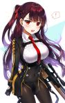  1girl angry bangs black_dress black_gloves black_legwear blush breasts bullpup buttons checkered clenched_hand collared_shirt covered_navel cowboy_shot cross double-breasted dress eyebrows_visible_through_hair gijang girls_frontline gloves gun hair_ribbon half_updo holding holding_gun holding_weapon large_breasts long_hair long_sleeves looking_at_viewer multicolored multicolored_clothes multicolored_gloves necktie one_side_up open_mouth pantyhose pelvic_curtain pinstripe_pattern purple_hair red_eyes red_ribbon ribbon rifle round_teeth scope shirt short_dress side_slit simple_background sleeve_cuffs sniper_rifle solo sparkle speech_bubble spoken_exclamation_mark standing straight_hair strap striped teeth tie_clip underbust upper_teeth v-shaped_eyebrows very_long_hair wa2000_(girls_frontline) walther walther_wa_2000 weapon white_background white_shirt yellow_gloves 