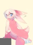  2018 anthro blue_eyes blush breasts brown_background bunny_buns butt clothing dildo electrycpynk embarrassed female hair hi_res lagomorph mammal pussy_juice rabbit sex_toy side_view signature simple_background solo underwear undressing white_hair 