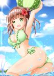  arms_up ass ball bare_arms bare_shoulders beachball bikini blue_sky blush bow breasts cleavage cloud commentary_request dated day double_bun flower gochuumon_wa_usagi_desu_ka? green_bikini green_bow green_eyes hair_flower hair_ornament hair_ribbon highres holding holding_ball large_breasts long_hair ocean outdoors purple_ribbon red_flower ribbon side_bun sidelocks sky solo swimsuit twintails twitter_username ujimatsu_chiya water zenon_(for_achieve) 