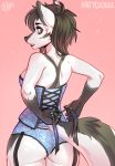  2018 5_fingers anthro black_fur black_hair breasts brown_eyes brown_hair butt canine clothed clothing corset digital_media_(artwork) dog female fur gloves_(marking) hair kaitycuddle lingerie mammal markings multicolored_fur panties side_boob signature solo standing two_tone_fur underwear white_fur 
