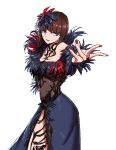  1girl anna_williams blue_eyes brown_hair dress feather_dress hair_ornament nail_polish outstretched_arm short_hair smile tekken tekken_7 