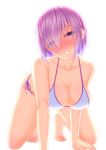  absurdres all_fours bare_shoulders barefoot bikini blush breasts cleavage collarbone commentary_request fate/grand_order fate_(series) hair_over_one_eye highres large_breasts lavender_hair looking_at_viewer mash_kyrielight purple_eyes shirouzu_myuuta short_hair simple_background smile solo swimsuit thighs white_background white_bikini 