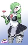  2018 blush bra breasts clothing collar emphaticallylewd eyelashes female gardevoir green_hair hair hi_res humanoid legwear maid_uniform nintendo not_furry pok&eacute;mon pok&eacute;mon_(species) pok&eacute;morph red_eyes solo stockings thick_thighs underwear uniform video_games 