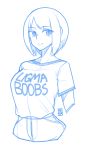  blue breasts closed_mouth clothes_writing cowboy_shot cropped_legs ekz_(drawfag) eyebrows_visible_through_hair highres large_breasts ligma looking_at_viewer meme monochrome original pants shirt short_hair signature simple_background solo white_background 