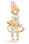  :&gt; animal_ear_fluff animal_ears ankle_boots arms_at_sides bare_shoulders belt blush boots bow bowtie breasts brown_ribbon cross-laced_clothes done_(donezumi) dot_nose elbow_gloves extra_ears eyebrows_visible_through_hair eyelashes full_body gloves ground hair_between_eyes high-waist_skirt kemono_friends light_brown_eyes looking_at_viewer oekaki orange_hair outdoors ribbon serval_(kemono_friends) serval_ears serval_print serval_tail shiny shiny_hair shirt shoe_ribbon short_hair simple_background skirt skirt_hold sleeveless sleeveless_shirt small_breasts smile solo standing striped_tail tail tareme thighhighs white_background white_belt white_footwear white_shirt zettai_ryouiki 
