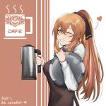  alternate_costume apron ascot bangs breasts brown_hair cafe chinese_commentary commentary_request emblem english eyebrows_visible_through_hair girls_frontline green_eyes hair_between_eyes hair_rings highres large_breasts long_hair long_sleeves m1903_springfield_(girls_frontline) o-ring one_eye_closed ponytail ribbon solo taru_kira waitress 