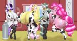  2018 absurd_res anthro anthrofied areola armwear bell_collar big_breasts blues64 blush breast_squish breasts breasts_frottage butt clothed clothing collar cutie_mark earth_pony elbow_gloves equine eyes_closed eyeshadow female female/female fluttershy_(mlp) friendship_is_magic gloves group hair half-closed_eyes hi_res horn horse huge_breasts hyper hyper_breasts legwear long_hair machine makeup mammal marauder6272 marble_pie_(mlp) milking_machine my_little_pony nipple_bulge nipple_slip nipples open_mouth pegasus pink_hair pinkie_pie_(mlp) pony rarity_(mlp) skimpy standing stockings thigh_highs unicorn wings 