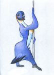  2018 anthro avian bird brown_eyes butt dancing eyelashes feathers female gloria_(happy_feet) happy_feet hi_res iceberglonely pencil_(artwork) penguin pole pole_dancing simple_background smile solo traditional_media_(artwork) white_background 